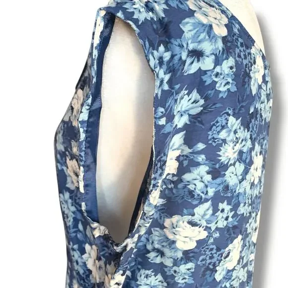 Vintage 90s Blue Floral Midi Dress Sleeveless Rayon A Line Medium Romantic - Picture 11 of 14